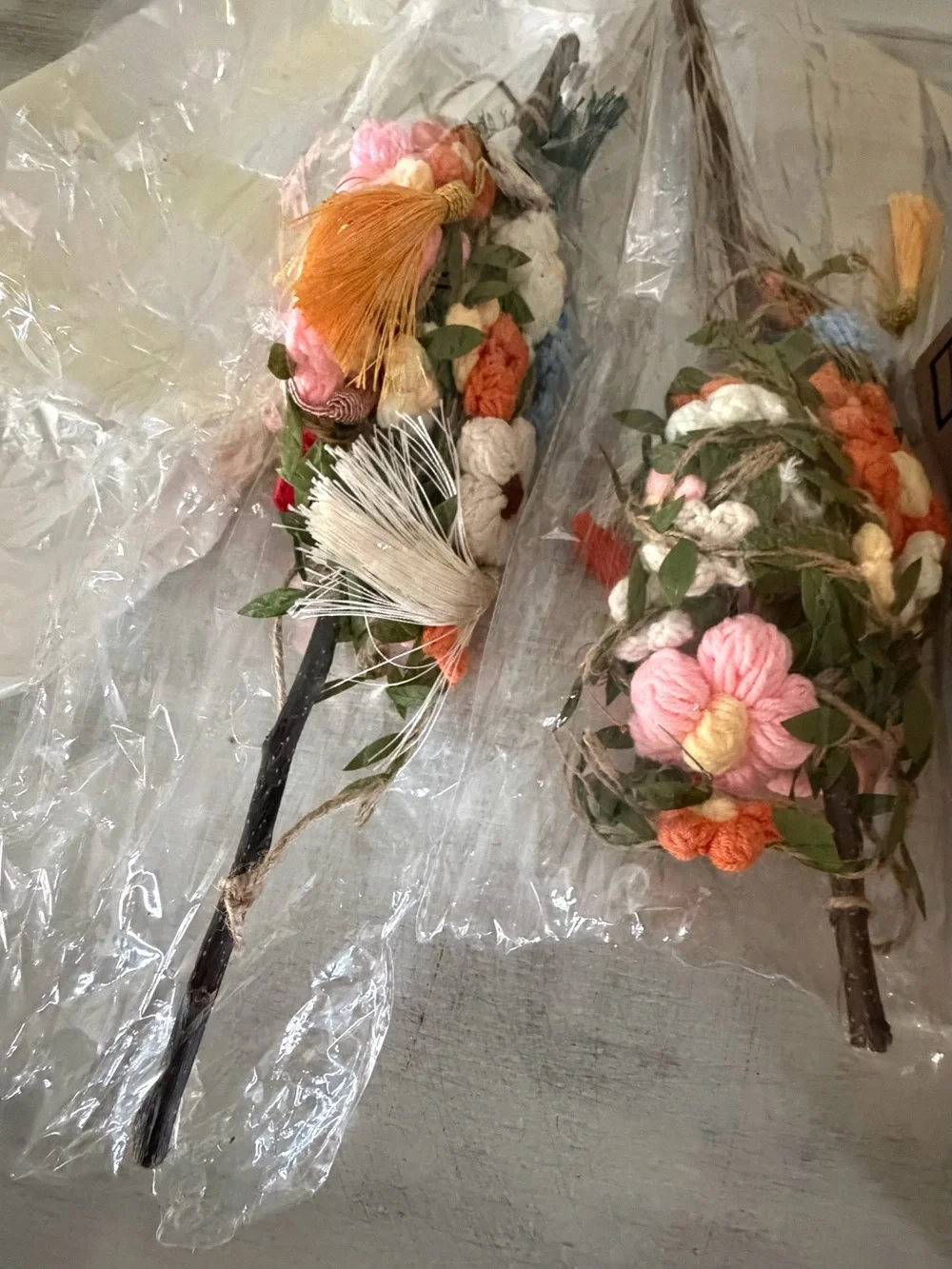 Boho style floral wall hanging with beautiful knit flowers with twine (set of 3)